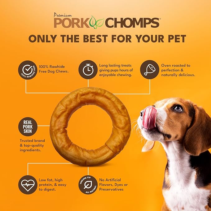 Pork Chomps Roasted Pork Skin Dog Chew, 6 Inch Bagel, 1 Count, Pack of 3 - Long-Lasting Treats for Dogs - High Protein, Rawhide-Free, Low Fat, Healthy & Delicious Chews
