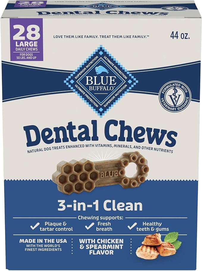Blue Buffalo Large Dental Chews for Dogs, Daily Dental Care Dog Treats Made in the USA with Natural Ingredients, Chicken & Spearmint (44-oz box, 28 count)