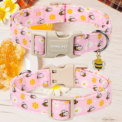 ARING PET Spring Summer Dog Collar, Cute Pink Bee Daisy Floral Pet Collars with Quick Release Buckle for Puppy Small Medium Large Boy Girl Dogs-S