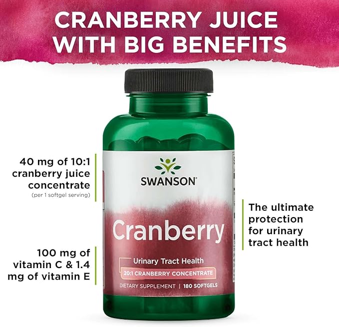 Swanson Cranberry 20:1 Juice Concentrate Urinary Tract and Kidney Health Supplement for Women and Adults Seeking Bladder Support with Vitamins C & E (180 Softgels, 2 Pack)