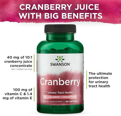 Swanson Cranberry 20:1 Juice Concentrate Urinary Tract and Kidney Health Supplement for Women and Adults Seeking Bladder Support with Vitamins C & E (180 Softgels, 2 Pack)