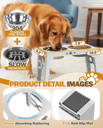 Jovrun Elevated Dog Bowls for Medium Large Size Dogs, Non-Slip Dog Feeder with 1*Stainless Steel Dishes & 1*Slow Feeder Bowl, 5 Heights Adjustable Raised Bowls to 3.15″-8.66″-9.84″-11.02″-12.2″