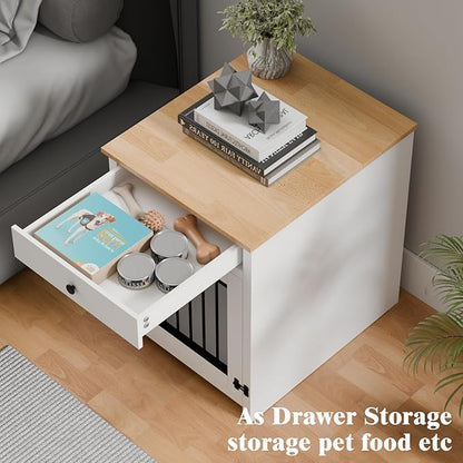 Small Dog Crate Furniture with Drawer, Wooden Pet Kennel End Table for Small Dogs, Furniture Style Indoor Dog House, Decorative White Dog Cage Nightstand, Side Table with Metal Bars & Secure Lock