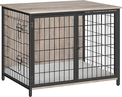 MAHANCRIS Dog Crate Furniture with Cushion, Wooden Dog Kennel with Double Doors, Heavy Duty Dog Cage for Small/Medium/Large Dogs, Indoor Dog House End Table, 31.5" L, Greige DCHG0701