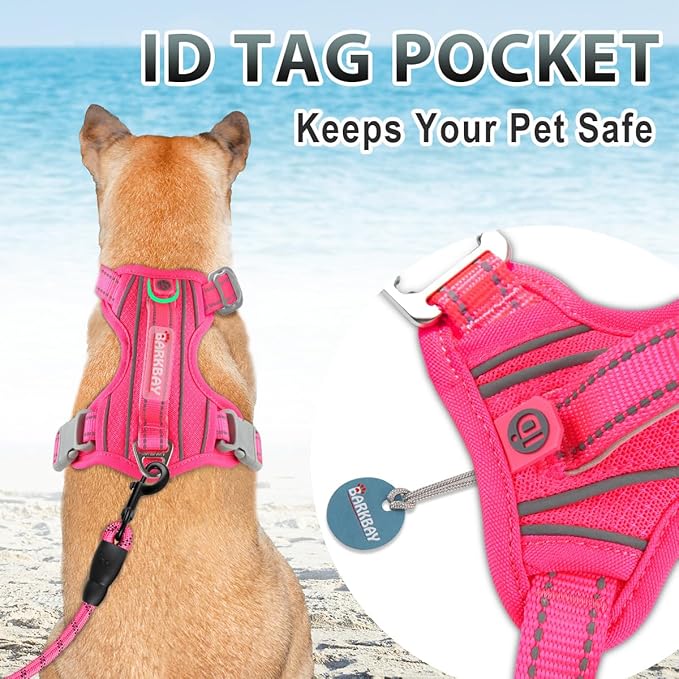 BARKBAY No Pull Dog Harness 3 Buckles Large Reflective Dog Harness with Front Clip and Easy Control Handle for Walking Training Running with ID tag Pocket(Pink,XL)