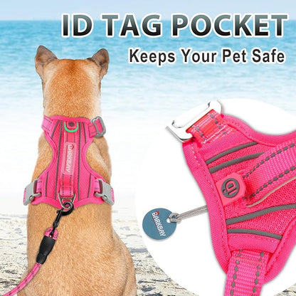 BARKBAY No Pull Dog Harness 3 Buckles Large Reflective Dog Harness with Front Clip and Easy Control Handle for Walking Training Running with ID tag Pocket(Pink,L)
