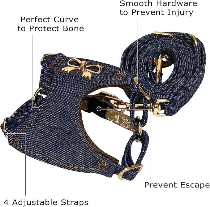 No Pull Dog Harness and Leash Set for Small Sized Dog Training Puppy Harnesses with Multifunction Dog Leash Soft Adjustable Denim No Choke Escape Proof Pet Harness for Small Medium Dog (Navy Blue XXS)