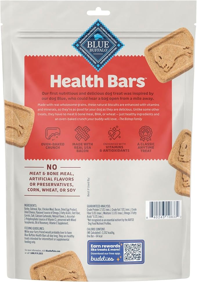 Blue Buffalo Health Bars Crunchy Dog Biscuits, Oven-Baked with Natural Ingredients, Bacon, Egg & Cheese, 16-oz Bag