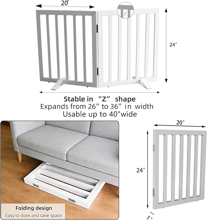 ZJSF Freestanding Indoor Dog Gate for House Foldable Wood White Puppy Gate for Doorways Pet Gate for Stairs Extra Wide Pet Fence 24" Height 2 Panels