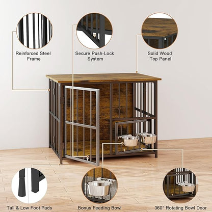 Hadulcet Foldable Dog Crate Furniture, No Assembly Indoor Dog Kennel with Storage Top, Wooden Dog Crate Table for Small to Medium Dogs, 27.55” Furniture Style Dog Cage with 2 Bowls Rustic Brown
