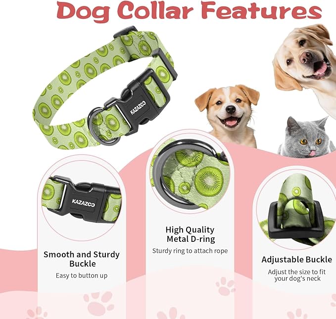 Kazazoo Dog Collar Cute and Soft Nylon Puppy Collar for Boy and Girl, Adjustable Dog Collars for Small Medium Dogs, Kiwi Fruit-S