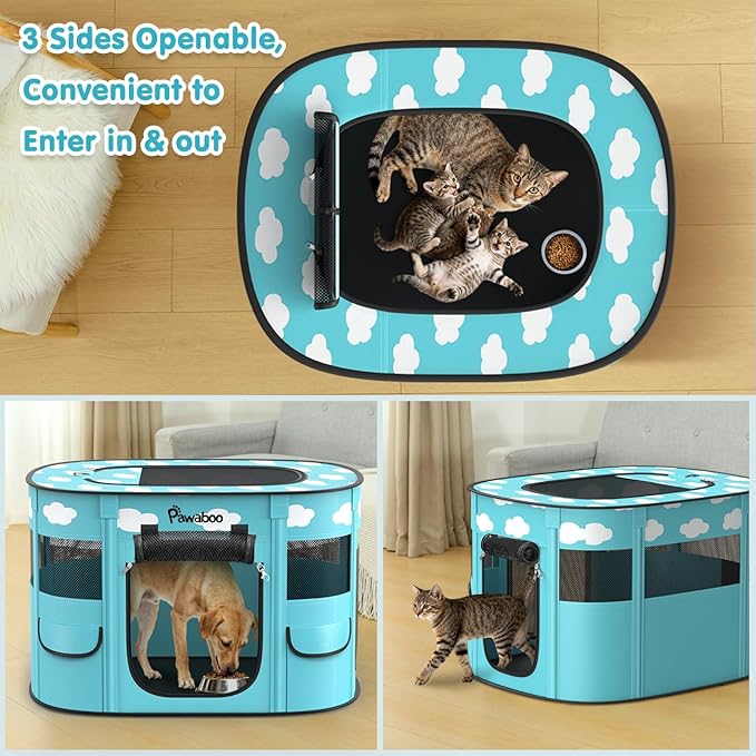 Dog Playpen, Portable Pet Cat PlayPen, 600D Oxford Dog Kennel Tent Crate, Waterproof&Breathable, Indoor Outdoor Travel Camping for Medium/Large Breed with Carrying Case+Bowl(M), Blue + White Clouds