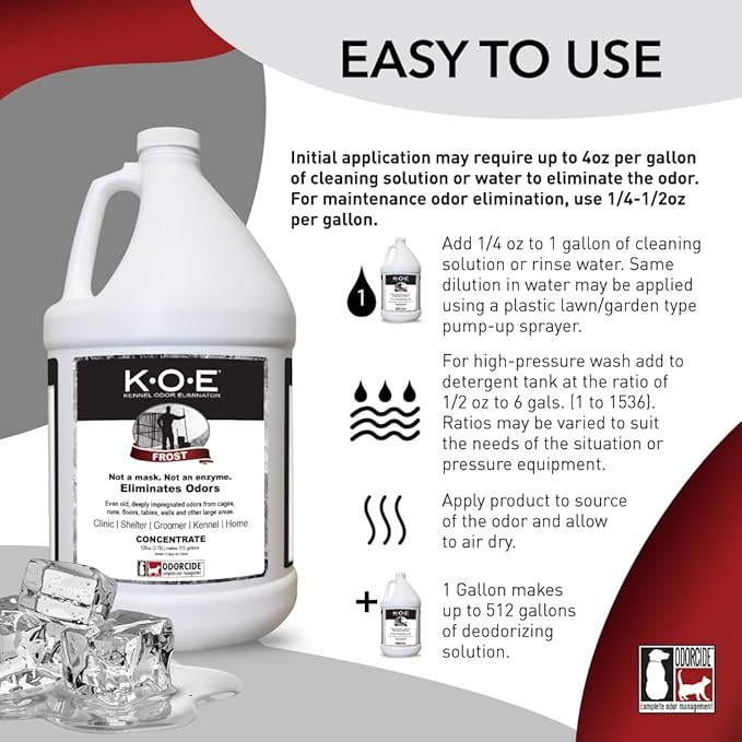 Odorcide K.O.E Kennel Odor Eliminator Concentrate – For Cages, Runs & More – For Home & Kennel w/Safe, Non-Enzymatic Formula - Frost Scent -128 oz