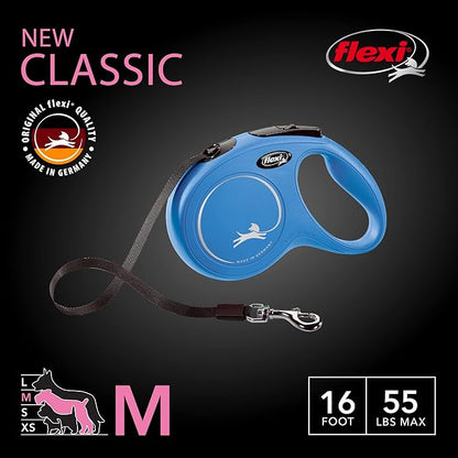 FLEXI New Classic Tape Retractable Dog Leash for Medium Dogs Upto 55 lbs. – 16 ft., Blue | Tangle Free Pet Walking Leash with One-Handed Brake, Pause, Lock|German Quality Product