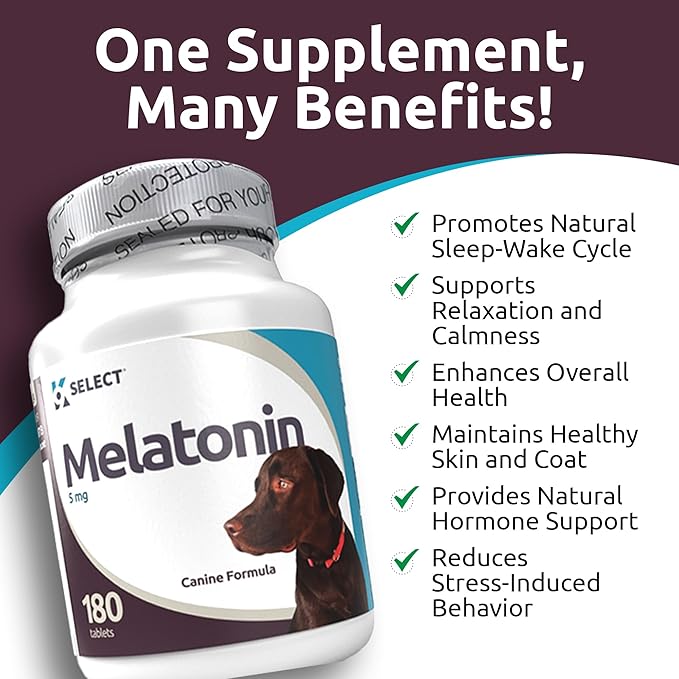 K9 Select Melatonin for Dogs - Calming Aid Tasty Dog Supplement - Helps Overall Health with Quiet Moments and Composure - Reduce Stress Calming Treats for Large Dogs - 5 mg, 180 Tablets