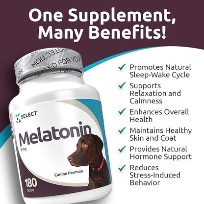 K9 Select Melatonin for Dogs - Calming Aid Tasty Dog Supplement - Helps Overall Health with Quiet Moments and Composure - Reduce Stress Calming Treats for Large Dogs - 5 mg, 180 Tablets