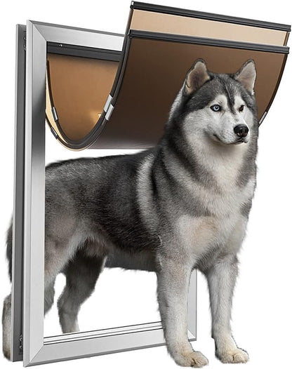 SmarketBuy Aluminium Extra Large Dog Door 17.5" W x 27.7" H Weatherproof Aluminum Frame Pet Door with Sliding Lock Panel Easy to Install Durable Magnetic Double Flaps Pet Door for Dogs Up to 220LBS
