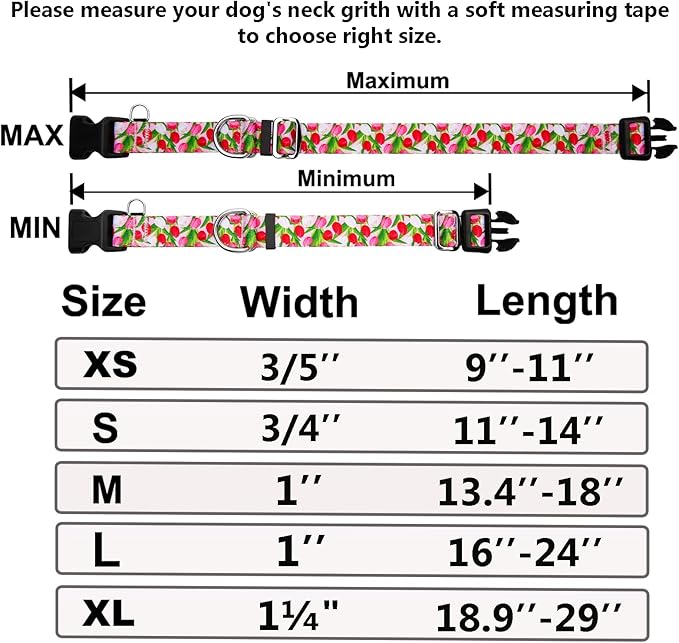 Martingale Collar for Dogs with Buckle Floral No Pull Adjustable Nylon Limited Slip Training Dog Collars Pink Tulip, Large