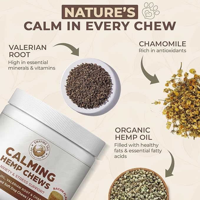 Bacon Calming Bites for Dogs - Separation Anxiety Relief & Stress Support - Hemp Calming Treats for Dogs - No Melatonin - 120 Bacon Flavor Soft Chews
