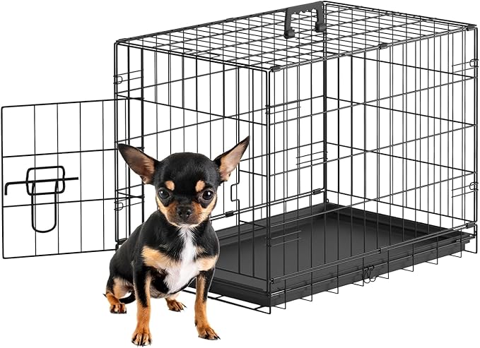 FDW 24inch Dog Crate Pet Cage with Metal Folding Design Plastic Tray Indoor Outdoor Dog Kennel Cage for Small Dogs,Black