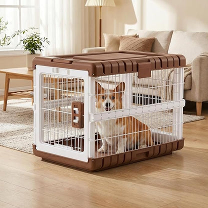 ZOMISIA Collapsible Dog Crate for Dogs - 28" L Heavy Duty Dog Kennel No Tools Required with 4 Sides Steel Foldable Cage for Dogs Indoor, Portable Carrier with 2 Smooth Wheels, Woodgrain