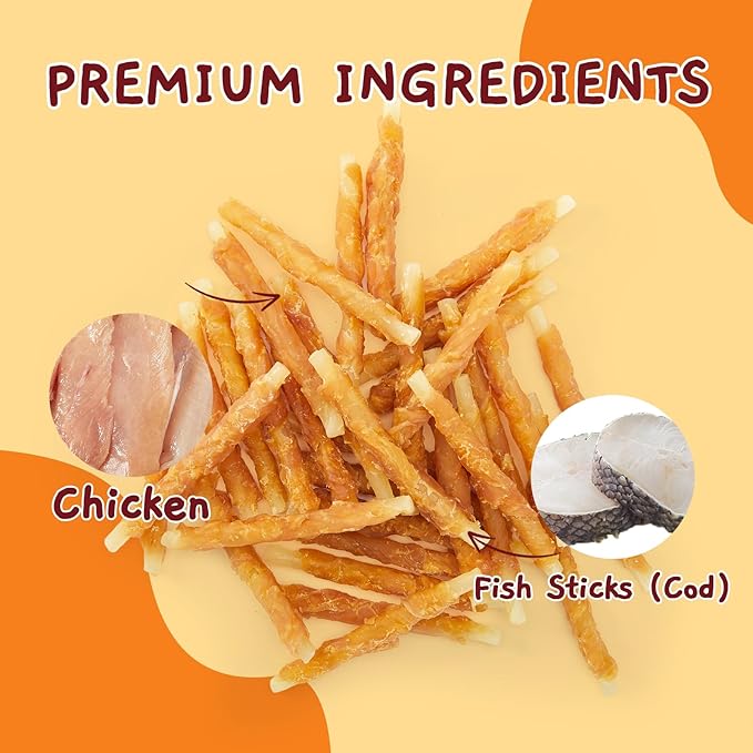Jungle Calling 35-Count Rawhide Free Dog Treats, 4.5-Inch Chicken Wrapped Cod Sticks for Dogs, Easily Digestible Long Lasting Dog Chews, Soft & Chewy Dog Treats for Training Small Medium Dogs, 1.32 lb