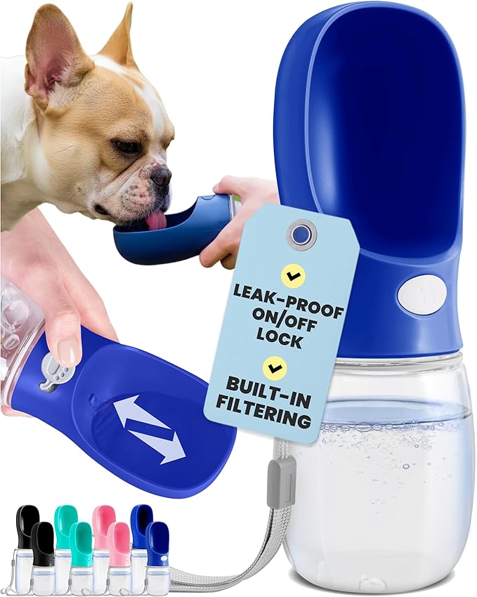 MalsiPree Dog Water Bottle Dispenser for Walks - 12 oz Navy Blue - Leak-Proof Lock & One-Hand Operation - On the Go Dog Water Dispenser- Pet Travel Bottle with Built-in Bowl, for Hiking & Travel