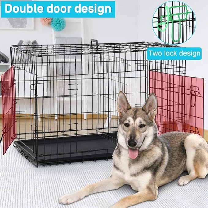 Dog Crate for Large Medium Small Dogs, Folding Dog Kennel Cage with Plastic Tray & Divider 48"/42"/ 36"/ 30"/ 24" Indoor Outdoor Metal Double Door Heavy Duty Dog Pen Enclosure, Black(36 Inch)