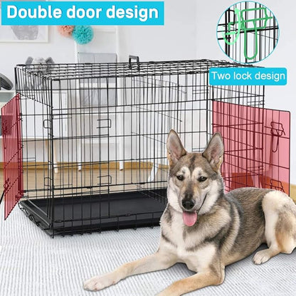 Dog Crate for Large Medium Small Dogs, Folding Dog Kennel Cage with Plastic Tray & Divider 48"/42"/ 36"/ 30"/ 24" Indoor Outdoor Metal Double Door Heavy Duty Dog Pen Enclosure, Black(36 Inch)