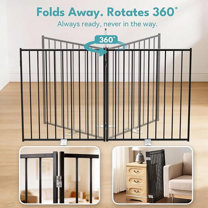 No Pawblems Free Standing Dog Gate with Door, 30'' Tall Foldable Dog Fence for Indoor & Outdoor, Up to 78 Inch Extra Wide Puppy Gate for Stairs, Hallways, Doorways, Deck, Yard (Black, 3 Panels)