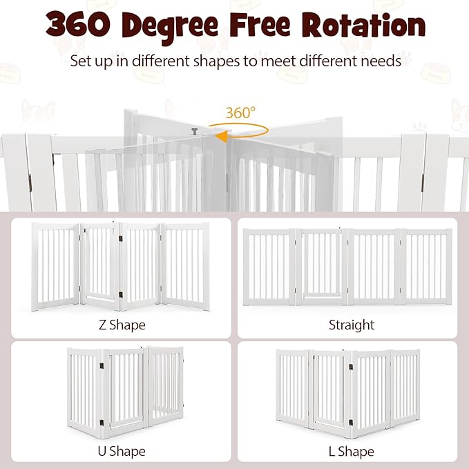 Giantex Dog Gate with Door - 30''H × 80''W Wooden Pet Gate with Walk Through Door, Foldable Freestanding 4 Panels Pet Safety Fence Extra Wide for Doorway Stairs House Deck Yard, White
