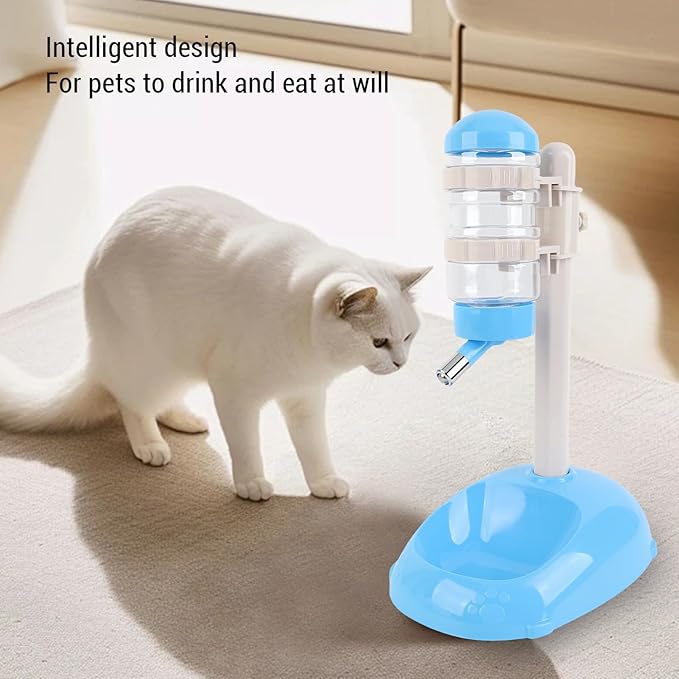 Pet Standing Water Dispenser Feeder, 500ml Dog Water Feeder Bottle Adjustable Raised Pet Food Bowl for Dogs Detachable Bottles Easy Cleaning (Blue)