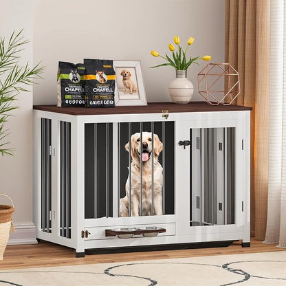 39.4" Dog Crate - Wooden Dog Cage Furniture with Removable Tray & 360° Rotating Feeder | Indoor Sturdy End Table for Medium & Large Dogs | Easy Assembly, White Dog Kennel for Living Room