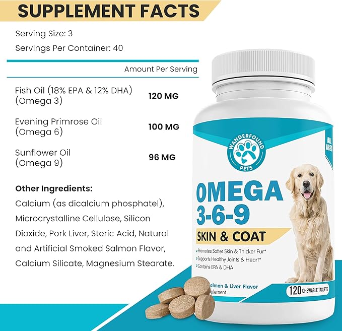 Wanderfound Pets - Omega 3 Fish Oil for Dogs, Smoked Salmon and Liver Flavor, 120 Chewable Tablets