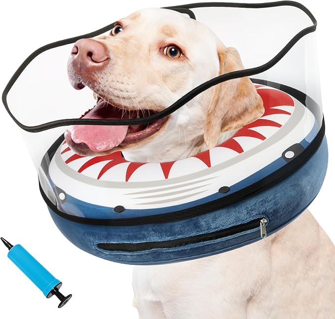 Inflatable Dog Cone Collar Soft Dog Cone Alternative After Surgery to Stop Licking for Large Medium Dogs Recovery Donut Cone Adjustable Neck Collar with Enhanced Anti-Licking Guard Shield,Shark Blue,L