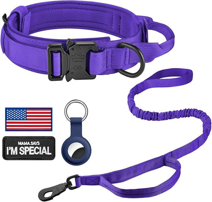 DAGANXI Tactical Dog Collar, Adjustable Military Training Nylon Dog Collar with Control Handle and Heavy Metal Buckle for Medium and Large Dogs, with Patches and Airtags Case (Purple-Set, M)