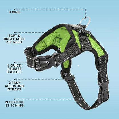 No Pull Reflective Adjustable Dog Harness With Handle- Comfortable Soft All Weather Mesh, Easy On Puppy Harness For Small Medium and Large Dogs (Green) Medium