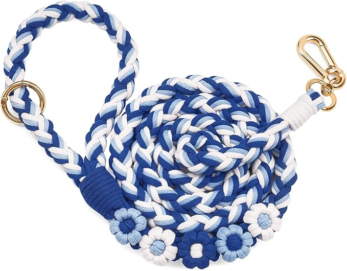 Handmade 5ft Braided Cotton Dog Leash with Unique Floral Handle, Durable and Stylish, Ideal for Small to Large Dogs,Sea Wave