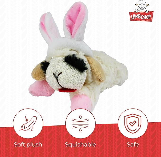 Multipet Lamb Chop Dog Plush Toy w/Easter Bunny Ears - Squeaky Toy for All Dogs - Extra Soft Plush - Stuffed Animal for Cuddling & Playing (6”, Cream/Pink)