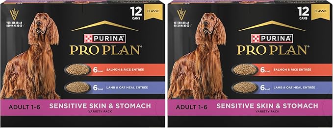 Purina Pro Plan Sensitive Skin and Stomach Wet Dog Food,Salmon and Rice-and Lamb-and Oat Meal Variety Pack - 13 oz. Cans,(Pack of 24)
