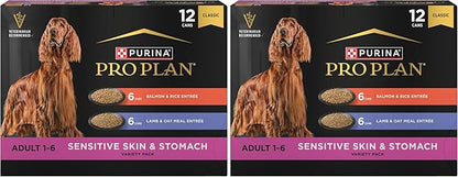 Purina Pro Plan Sensitive Skin and Stomach Wet Dog Food,Salmon and Rice-and Lamb-and Oat Meal Variety Pack - 13 oz. Cans,(Pack of 24)