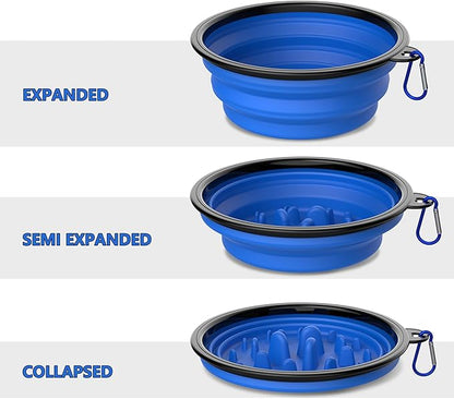 2 Pack [Slow Feeder Design + Regular], Collapsible Dog Bowl Travel Portable Pet Bowls, [34oz,1000ml] Foldable Food Water Feeding Dishes for Traveling Hiking Walking with Carabiners [Blue,Red]