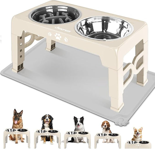 Jovrun Elevated Dog Bowls for Medium Size Dogs with Mat, Non-Slip Dog Feeder with 1*Stainless Steel Dishes & 1*Slow Feeder Bowl, 5 Heights Adjustable Raised Bowls for 3.15″-8.66″-9.84″-11.02″-12.2″