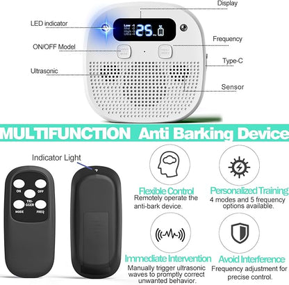 Dog Barking Control Devices, Anti Barking Device for Dogs with Remote Control, Ultrasonic & Sensor Technology, Rechargeable, Waterproof, Adjustable Modes & Frequencies, Bark Box Indoor Outdoor(White)
