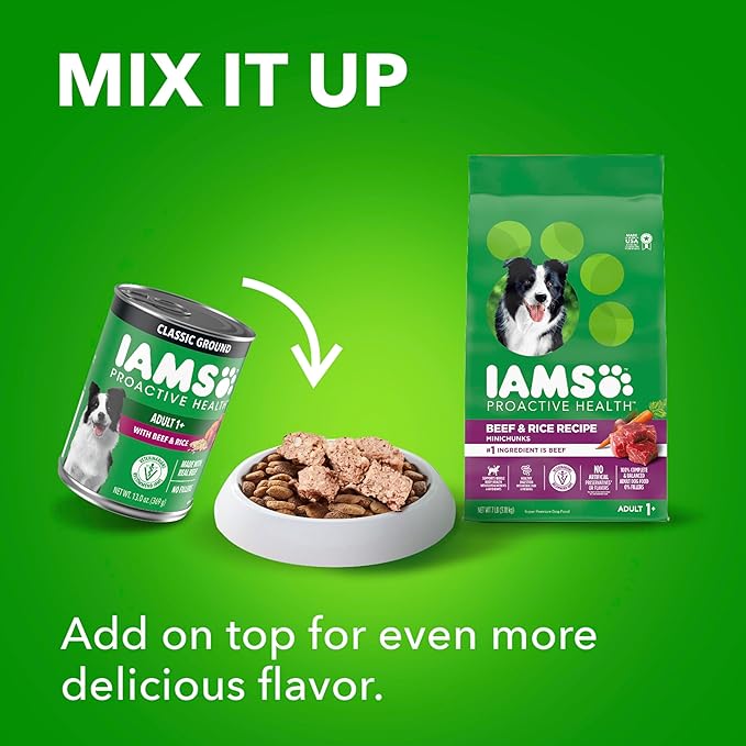 IAMS Proactive Health Wet Dog Food, Adult Wet Dog Food Multipack Ground Dinner, Beef & Rice, 13 oz. Cans (Pack of 12)