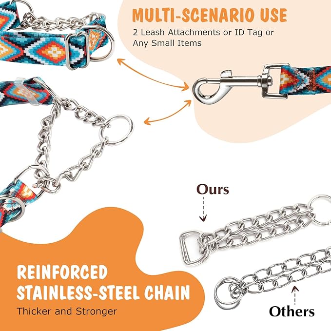Martingale Dog Collar with Chain, No Pull Slip Cinch Choker Choke Collar Western Boho Aztec Duty Dog Collar for Medium Large Extra Large Pet Dogs,Western XL