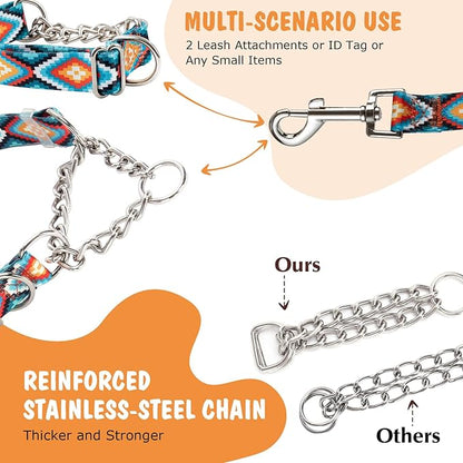 Martingale Dog Collar with Chain, No Pull Slip Cinch Choker Choke Collar Western Boho Aztec Duty Dog Collar for Medium Large Extra Large Pet Dogs,Western L