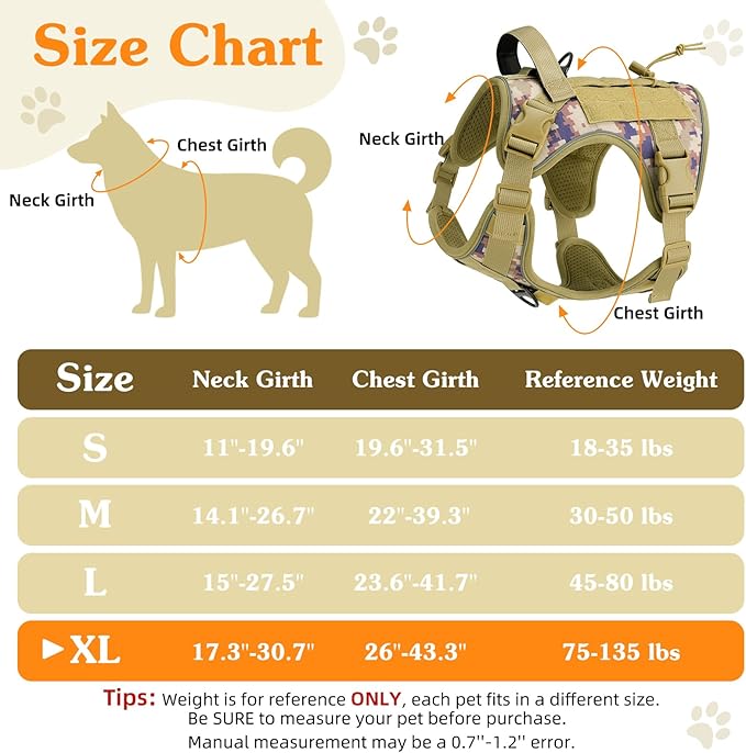 VavoPaw Heavy Duty Tactical Dog Harness for Large Dogs, No Pull Adjustable Pet Harness Reflective Service Training Easy Control Pet Vest Military K9 Working Dog Harnesses, Desert Camouflage, XL