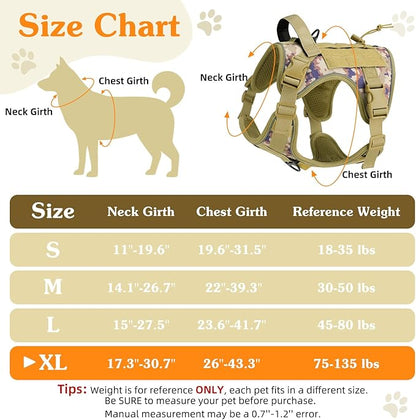 VavoPaw Heavy Duty Tactical Dog Harness for Large Dogs, No Pull Adjustable Pet Harness Reflective Service Training Easy Control Pet Vest Military K9 Working Dog Harnesses, Desert Camouflage, XL