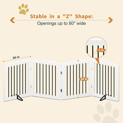 PUPETPO Freestanding Pet Gate for Dogs, Foldable Wooden Dog Gate for House, Indoor Dog Gate for Stair, Doorway, Gates for Dogs Indoor, 80 Inch Wide, 4 Panels 24",White